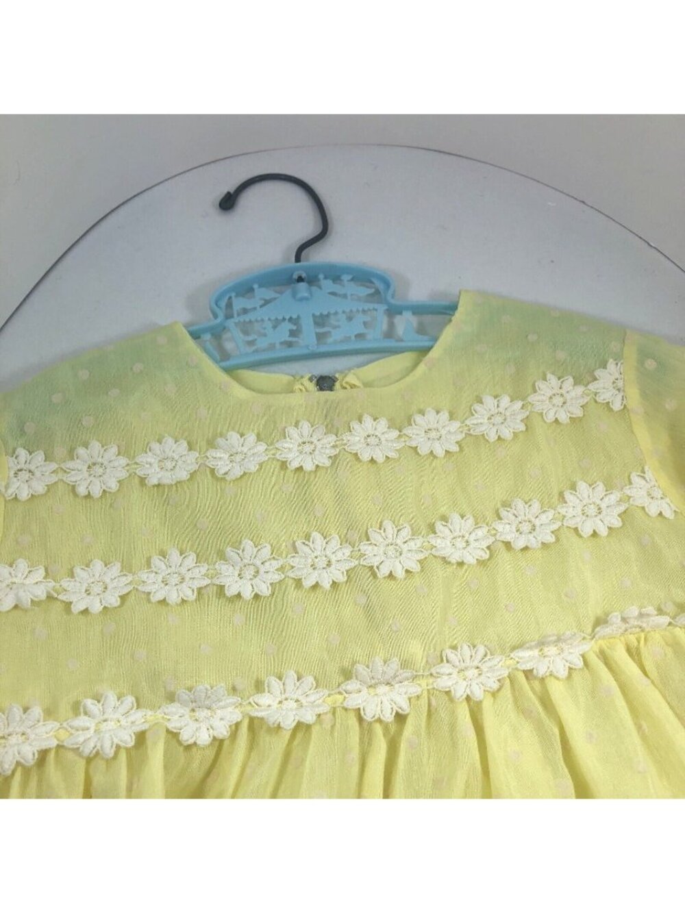 Vintage 1960s Toddler Girls Yellow Flocked Dot Daisy Party Dress see measures